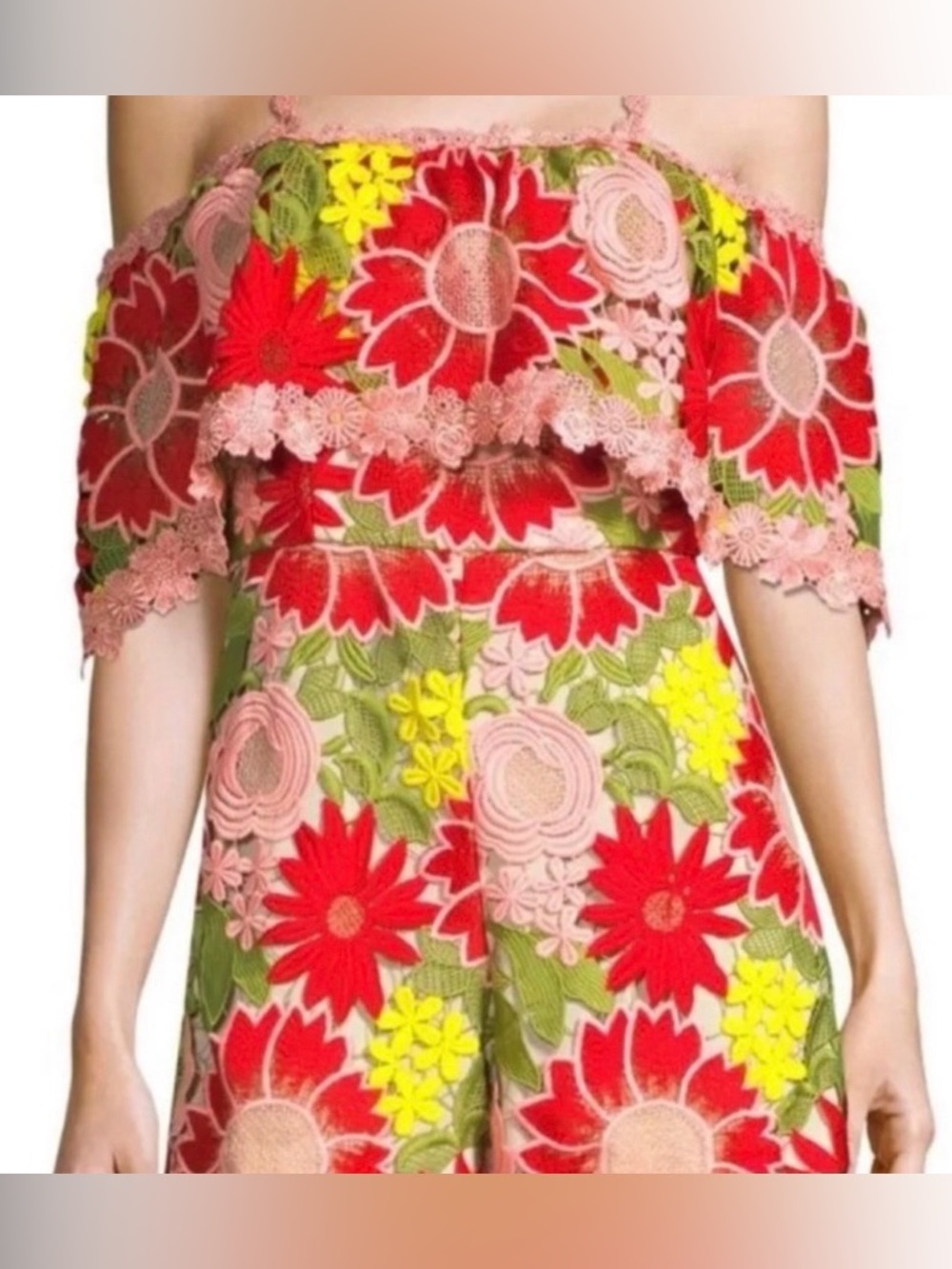 Alice + Olivia Women's Red Anelle Lace Ruffle Romper Size Small 4